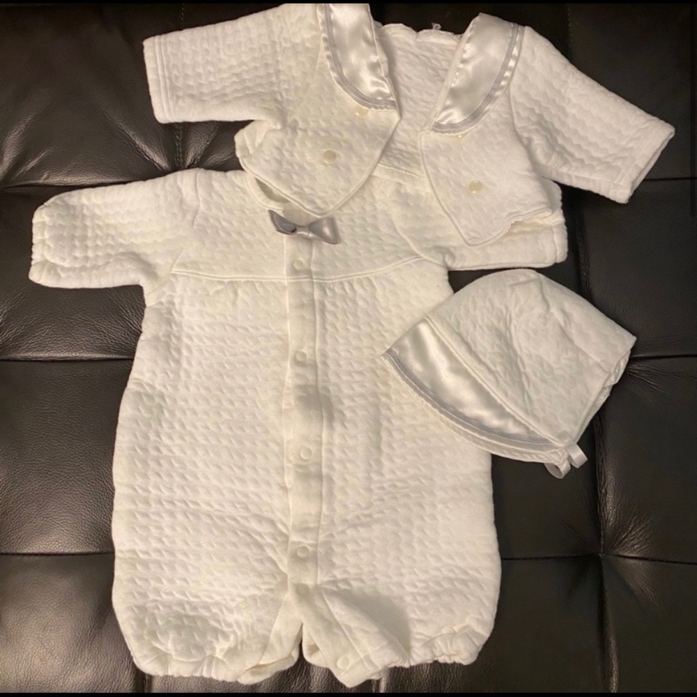 3 piece white formal baby set